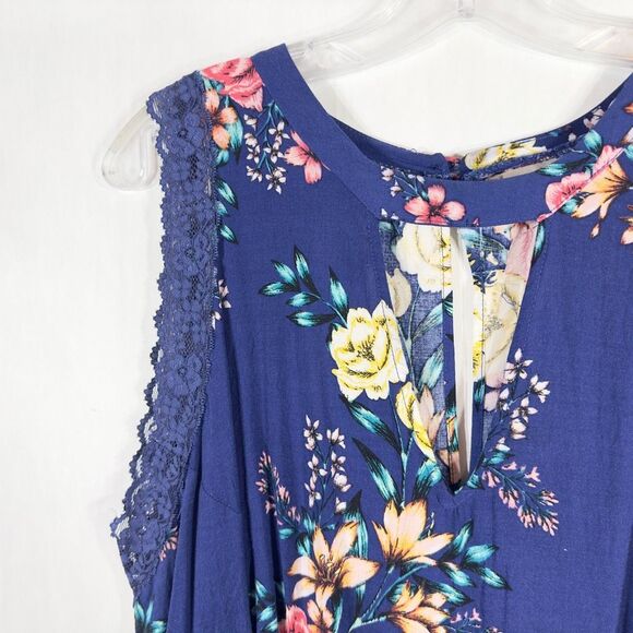 Wonderly Plus Size 2X Tank Top Blue Floral Lace Keyhole Sleeveless Peplum 283 - Picture 6 of 10